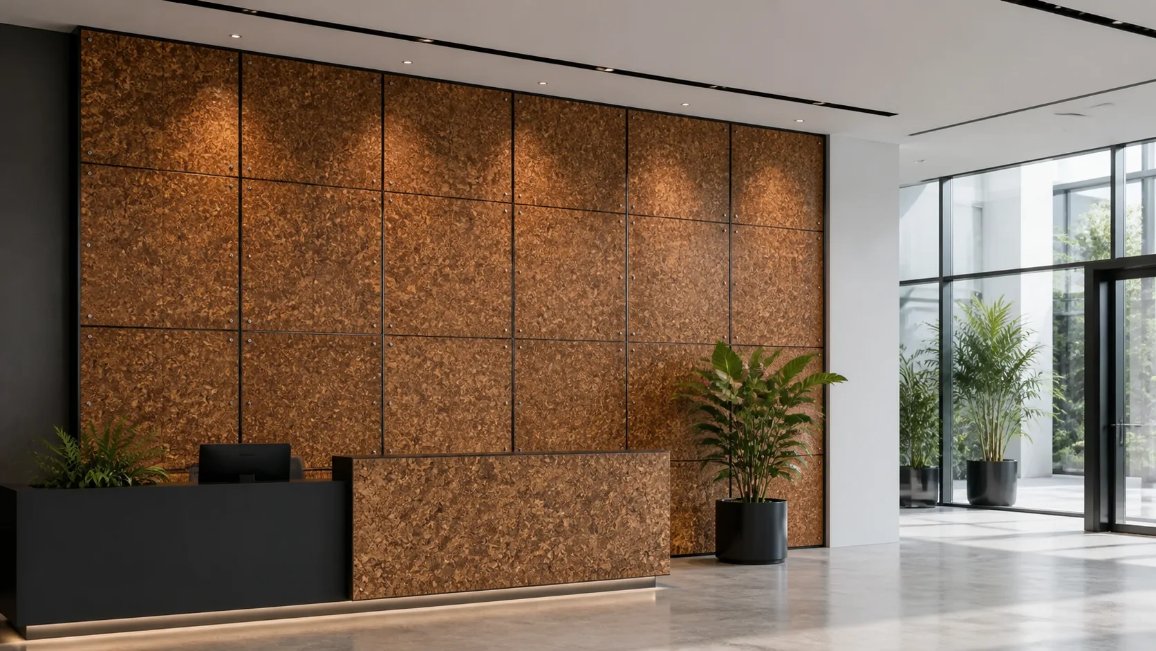 Commercial lobby concept featuring a large LeafCore material wall