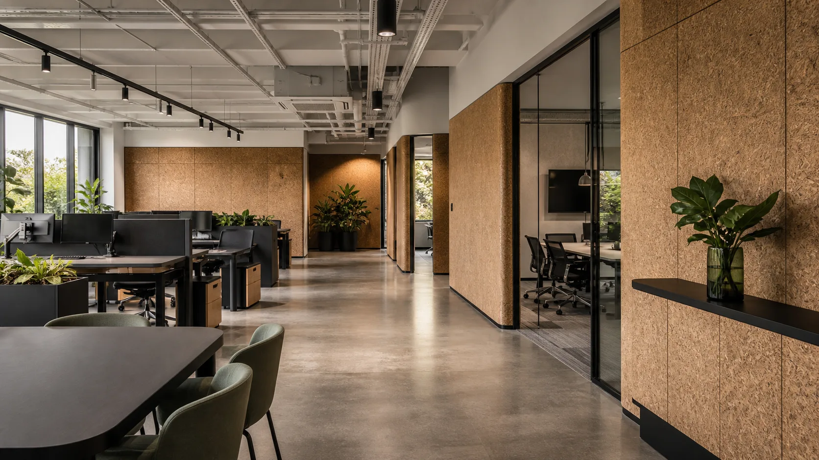 Open-plan commercial office fit-out concept featuring LeafCore wall panels and built-in joinery
