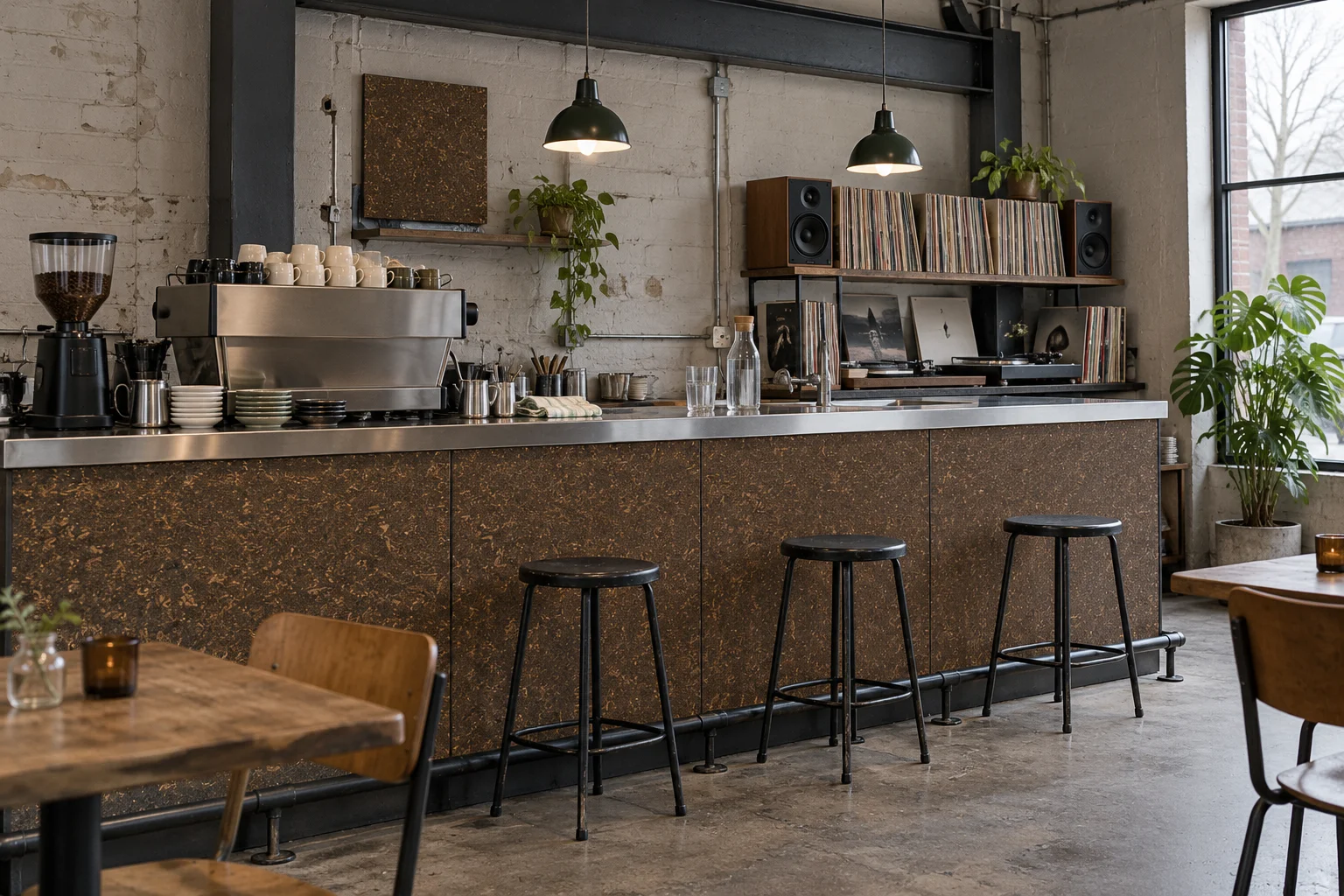 Industrial cafe and listening venue concept with matte brown LeafCore bar panels, stainless steel, exposed brick, plants and simple pendant lights