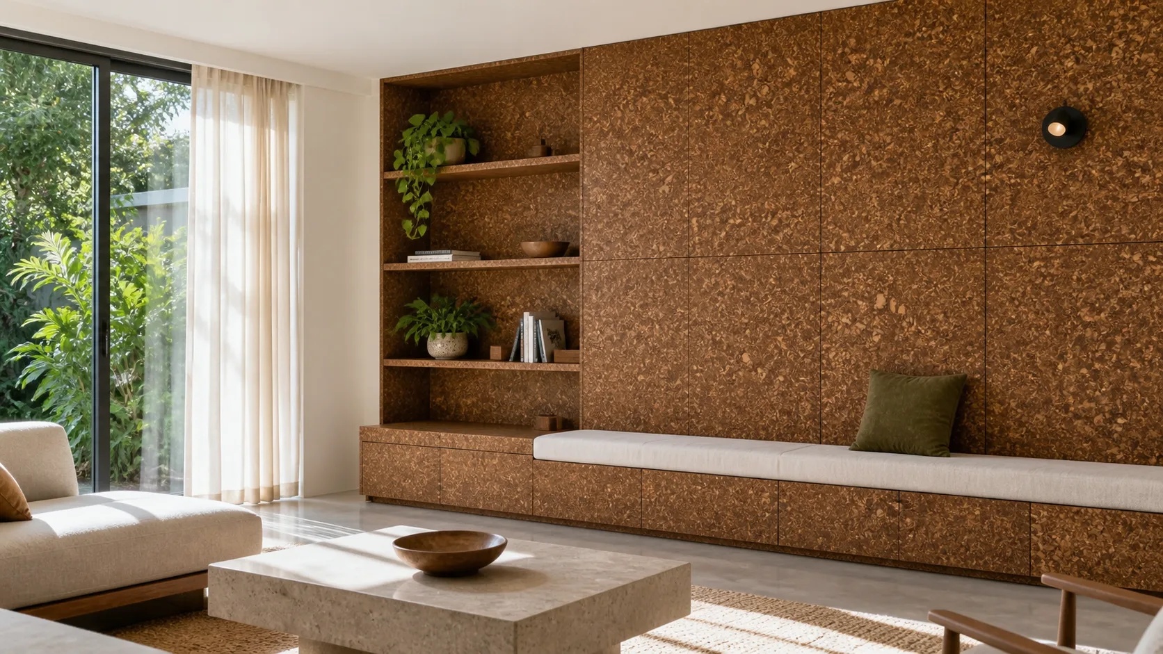 Residential living room concept featuring natural-toned LeafCore wall panels
