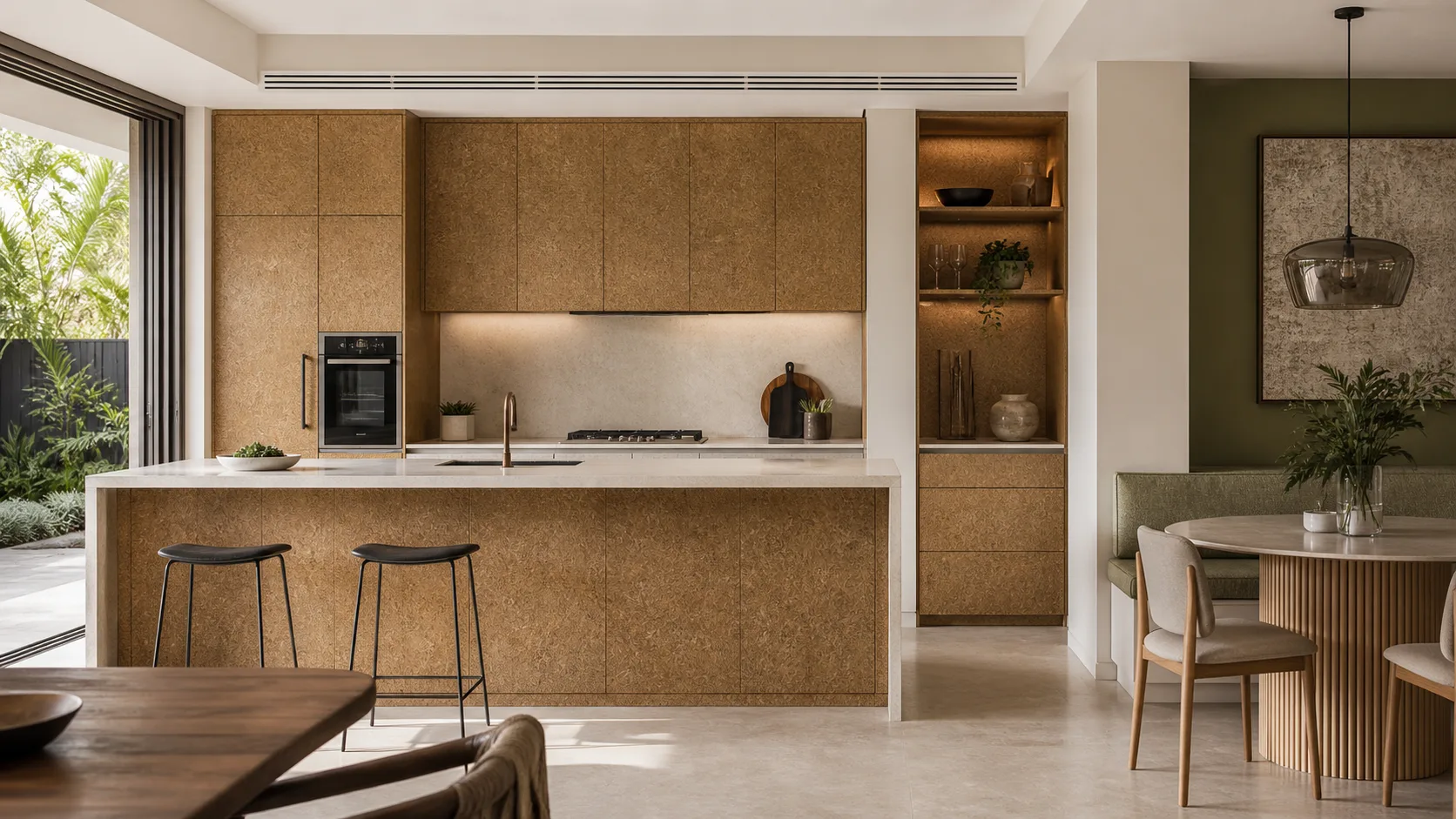 Kitchen and dining application concept featuring LeafCore cabinetry and island cladding
