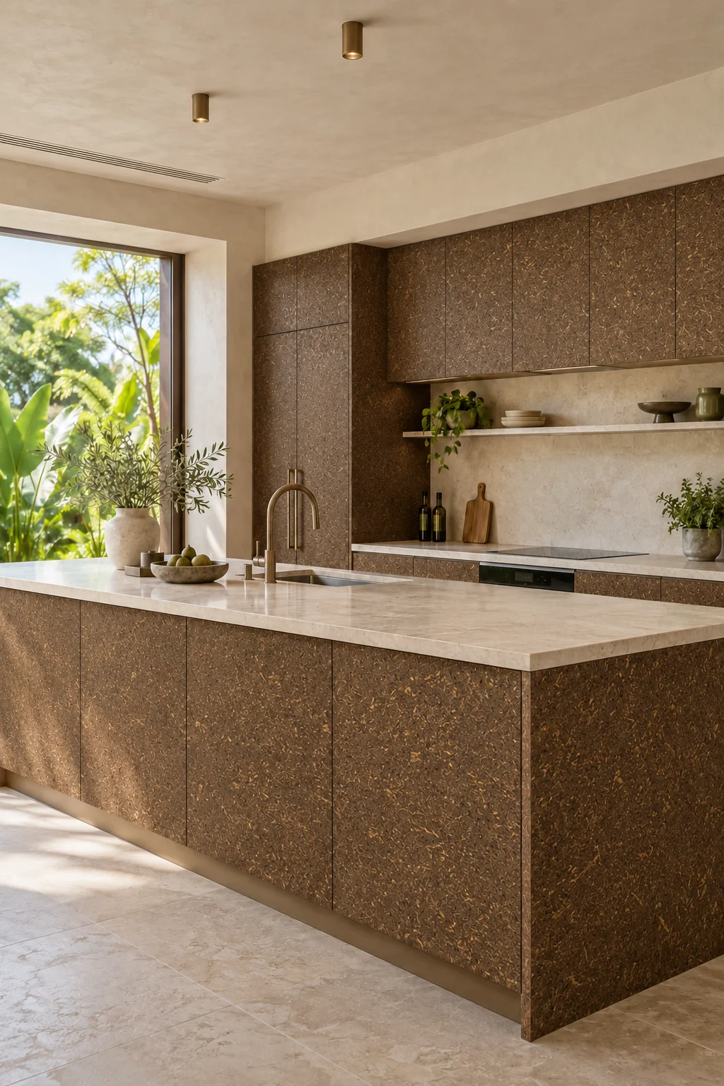 Kitchen fit-out application concept with natural LeafCore cabinetry, a pale stone island and garden outlook
