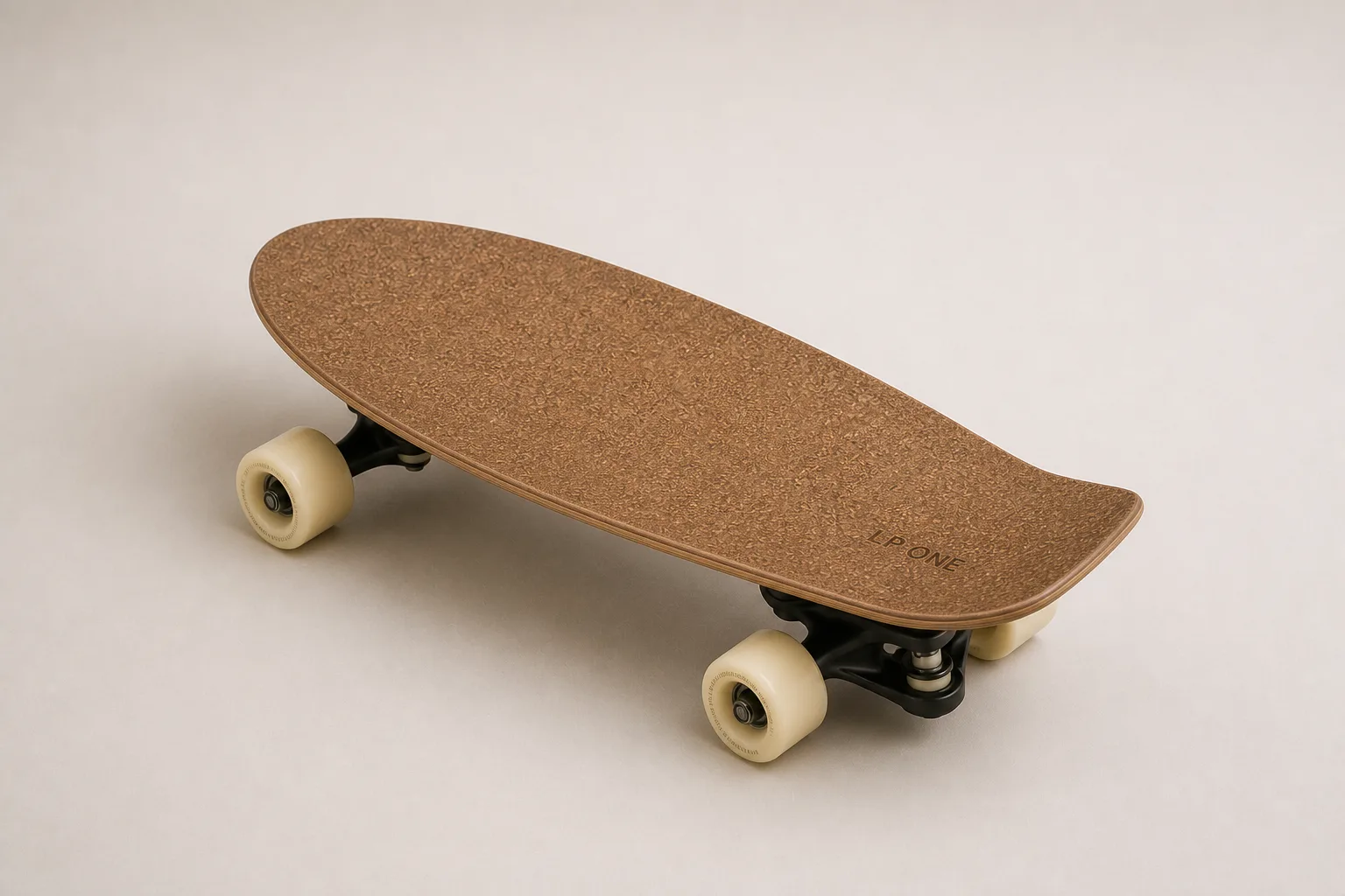 Short wide LeafCore surfskate with broad rounded nose, kicktail and trucks and wheels underneath